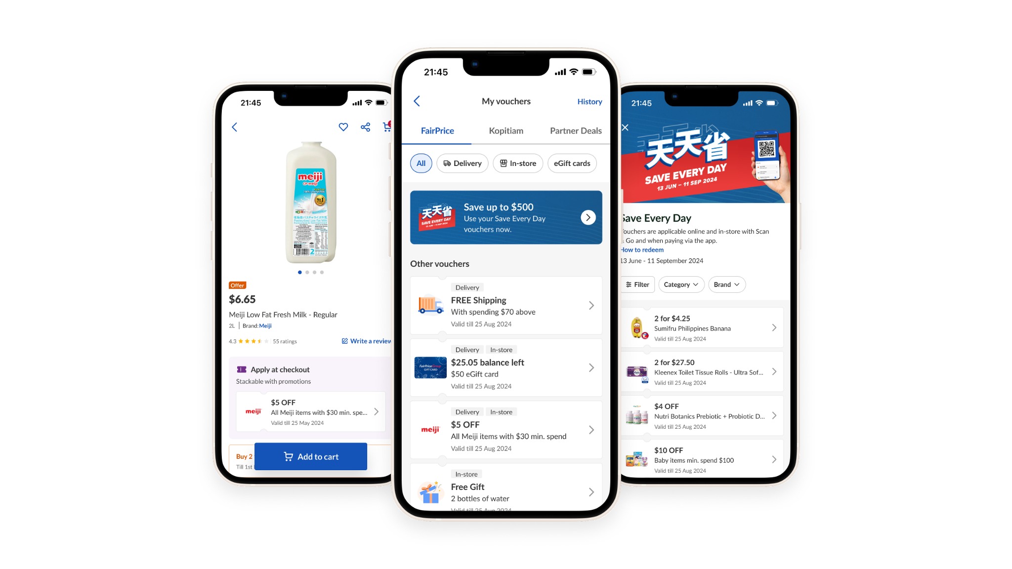 Voucher incentive ecosystem shown across three mobile product screens.